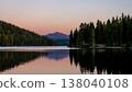 A tranquil mountain lake at dusk, its surface like a mirror and its reflection. 138040108