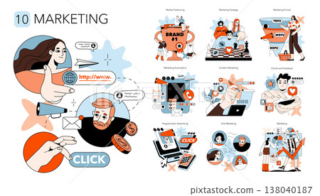 Vector illustration showcasing essential marketing concepts such as branding, market positioning, funnels, automation, and client feedback featuring engaging and collaborative scenes. 138040187