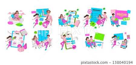 Young professionals interacting with technology in various settings. Displays include online shopping, insurance management, menu planning, and collaborative workspaces in a colorful vector Young professionals interacting with technology in various settings. Displays include online shopping, insurance management, menu planning, and collaborative workspaces in a colorful vector 138040194