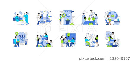 Vector illustration set showcasing various innovations in science and technology. Scenes include robotics, renewable energy, AI development, lab experiments, and teamwork in scientific projects. 138040197