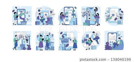 Vector illustrations depicting various online shopping and digital business scenes, including transactions, global communication, and data analytics. Characters engage using devices and applications. 138040199