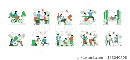 Vector illustration depicting various outdoor activities with families enjoying leisure time, cycling, doing yoga, barbecuing, reading, and participating in park clean-up efforts. 138040208