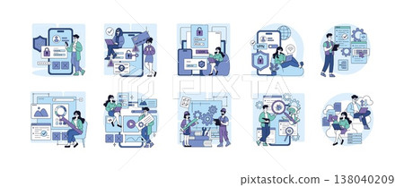 Vector illustration of people engaging with digital security interfaces on devices. Scenes depict password management, system maintenance, and cybersecurity awareness, emphasizing digital safety. Vector illustration of people engaging with digital security interfaces on devices. Scenes depict password management, system maintenance, and cybersecurity awareness, emphasizing digital safety. 138040209