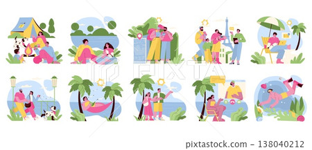 Colorful vector illustration set showcasing various family vacation moments, including camping, beach relaxation, sightseeing, and playful activities. Ideal for travel and leisure themes. Colorful vector illustration set showcasing various family vacation moments, including camping, beach relaxation, sightseeing, and playful activities. Ideal for travel and leisure themes. 138040212