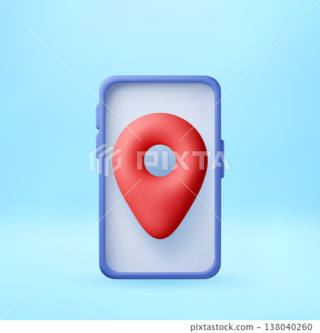 3D Red navigation pin icon on smartphone screen 138040260