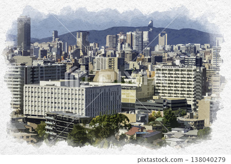 Watercolor style painting of the area around the Fukuoka City Science Museum in Fukuoka City, Fukuoka Prefecture. 138040279