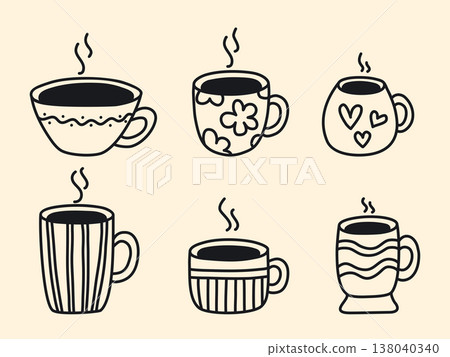 Cups of freshly brewed coffee, doodle sketch style illustration Cups of freshly brewed coffee, doodle sketch style illustration 138040340