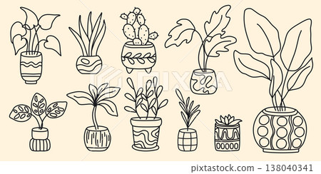Indoor plant in pot set, doodle sketch style Indoor plant in pot set, doodle sketch style 138040341