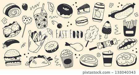 Street food set in doodle sketch style 138040343