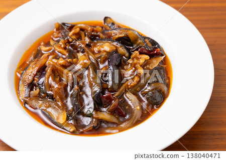 Delicious Chinese food: Spicy stir-fried eggplant and pork. Delicious Chinese food: Spicy stir-fried eggplant and pork. 138040471