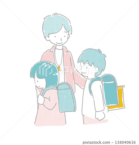 An illustration of a person watching over elementary school children on their way to school to ensure traffic safety. An illustration of a person watching over elementary school children on their way to school to ensure traffic safety. 138040616
