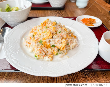 Fried rice with eggs, vegetables, and seafood. Fried rice with eggs, vegetables, and seafood. 138040755