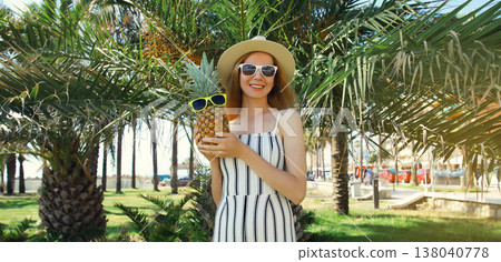 Stylish happy smiling young woman holding pineapple in park with palm trees 138040778