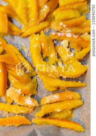 Top view of homemade candied orange peels drying 138040792