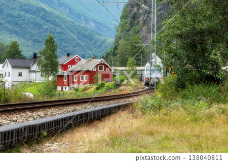 Flamsbana train arriving at Flam, Norway Flamsbana train arriving at Flam, Norway 138040811