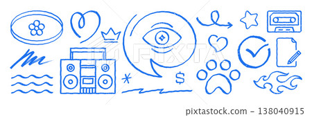 Hand Drawn Retro Doodle Icons Vector Illustration Set With Music And Love Symbols 138040915