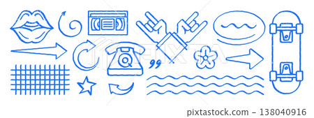 Retro Pop Art 90s Style Hand Drawn Grunge Doodle Vector Illustration Elements Set Retro Pop Art 90s Style Hand Drawn Grunge Doodle Vector Illustration Elements Set 138040916