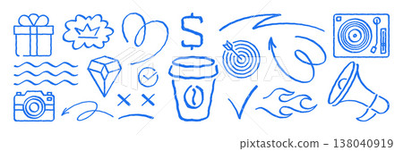 Big Collection Of Hand Drawn Grunge Business Doodle Vector Illustration Icons Set 138040919