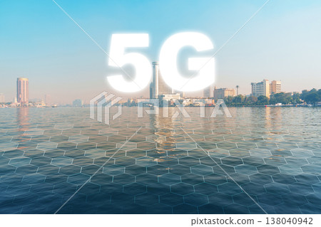 5G internet technology and city skyline near the river in daytime view 5G internet technology and city skyline near the river in daytime view 138040942