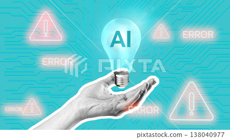 Light bulb with AI text and error symbols in a digital background showing a hand holding it 138040977