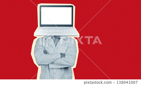 Artificial intelligence concept showing a person with a laptop for a head on a red background 138041007