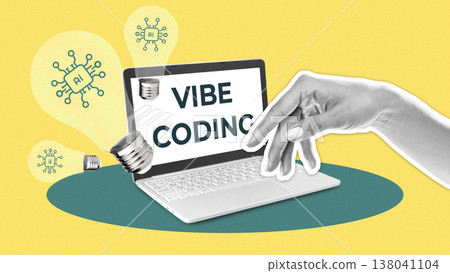 Hands engage with laptop displaying Vibe Coding on a colorful background with light bulbs Hands engage with laptop displaying Vibe Coding on a colorful background with light bulbs 138041104
