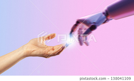 Human hand reaches towards a robotic hand with light connecting them in a technology scene 138041109