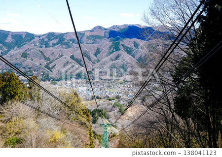 Views of the mountain town and spring mountain scenery from the cable car. Views of the mountain town and spring mountain scenery from the cable car. 138041123