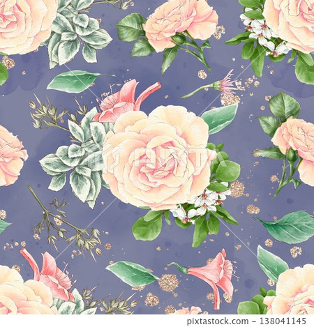 Watercolor illustration of a seamless pattern of delicate flowers and leaves, roses, and daisies. Hand-drawn. Watercolor illustration of a seamless pattern of delicate flowers and leaves, roses, and daisies. Hand-drawn. 138041145