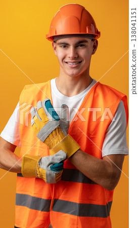 Worker prepares to start a task while wearing safety gear and smiling in a studio setting Worker prepares to start a task while wearing safety gear and smiling in a studio setting 138041151