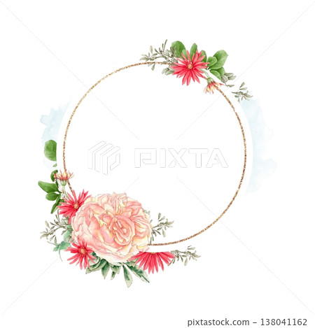 Watercolor illustration frame postcard of delicate roses and other flowers, on a white background, hand-drawn. Watercolor illustration frame postcard of delicate roses and other flowers, on a white background, hand-drawn. 138041162