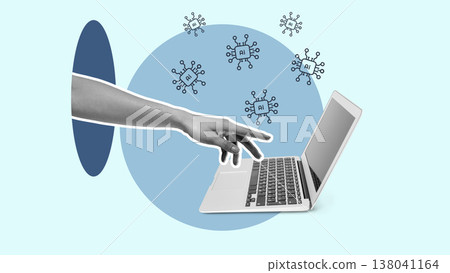 Hand reaching for laptop while surrounded by AI icons on a light background Hand reaching for laptop while surrounded by AI icons on a light background 138041164