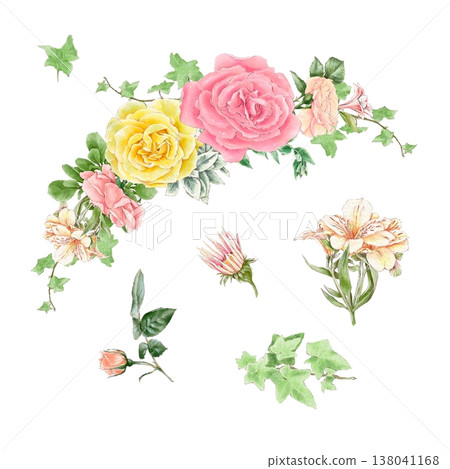 Watercolor illustration of a bouquet of delicate roses and other flowers, hand-drawn. Watercolor illustration of a bouquet of delicate roses and other flowers, hand-drawn. 138041168