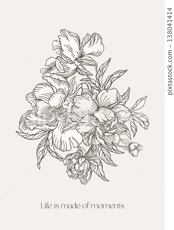 Black and white line art peony bouquet. Black and white line art peony bouquet. 138041414