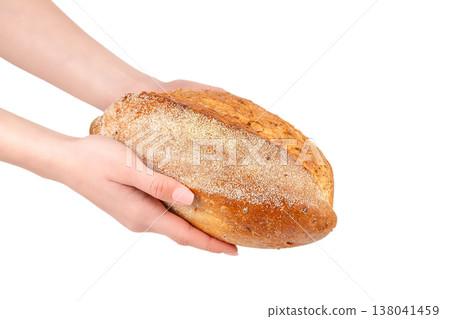 Bread Loaf in Hands Isolated on White Background Bread Loaf in Hands Isolated on White Background 138041459