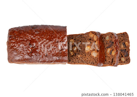 Sliced Bread Loaf with Fruit and Walnut Crumb Isolated on White Background 138041465