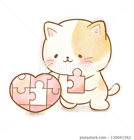[Emotional Growth & Awareness] A white cat holding a heart puzzle piece. An illustration representing self-discovery, problem-solving, and the courage to take that final step. 138041562