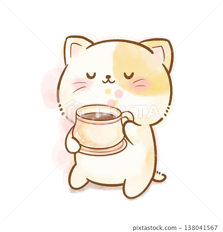 【休息與正念】一隻白貓悠閒地喝茶。休息、緩解壓力和自我關懷的重要性。 138041567