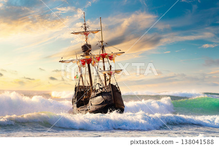 Grand view of an old sailing ship from the times of pirates on the high seas with big waves Grand view of an old sailing ship from the times of pirates on the high seas with big waves 138041588