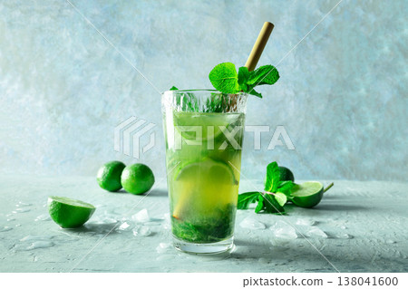Mojito, fresh summer cocktail with mint, lime, and ice, side view Mojito, fresh summer cocktail with mint, lime, and ice, side view 138041600
