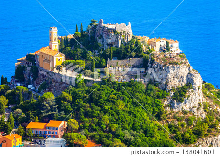 View of mountain top village Eze in Provence, France. 138041601