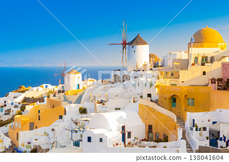 View of Oia the most beautiful village of Santorini island in Greece. View of Oia the most beautiful village of Santorini island in Greece. 138041604