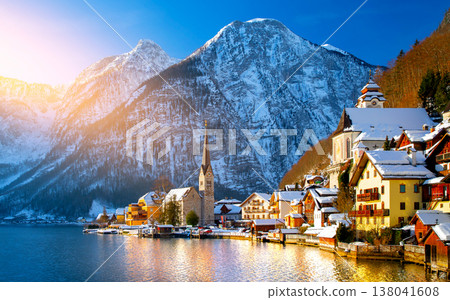 View of famous Hallstatt lakeside town in the Alps. Village in Austria View of famous Hallstatt lakeside town in the Alps. Village in Austria 138041608