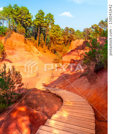 Roussillon, red rocks of Colorado colorful ochre canyon in Provence, landscape of France Roussillon, red rocks of Colorado colorful ochre canyon in Provence, landscape of France 138041642