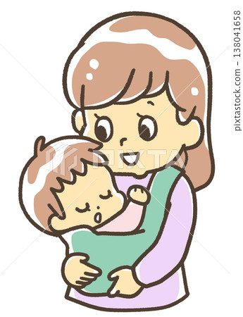 一位女士抱著一個睡在嬰兒背帶裡的嬰兒。 138041658