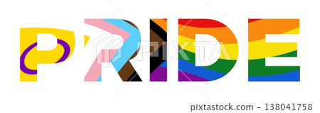 Pride text logo with progress pride flag background isolated 138041758