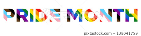 Pride Month text isolated, LGBT rainbow flag typography logo 138041759