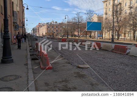 City Redevelopment Scene. Revamping Of Urban Roadway With Barriers And Historic Architecture 138041894