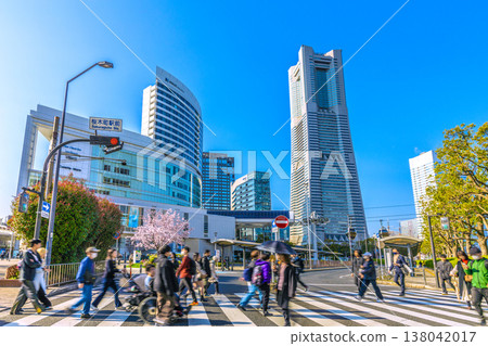 日本橫濱城市景觀，3月23日。櫻木町站（空中客艙）、Hulic Minatomirai 和盛開的櫻花景色。 138042017