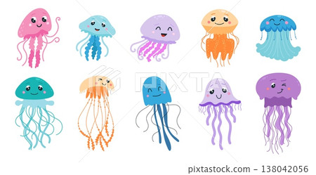 Funny cartoon jellyfish. Adorable jellyfish, underwater cute characters. Sea ocean animals, children mascots. Different nautical creatures, classy vector clipart Funny cartoon jellyfish. Adorable jellyfish, underwater cute characters. Sea ocean animals, children mascots. Different nautical creatures, classy vector clipart 138042056